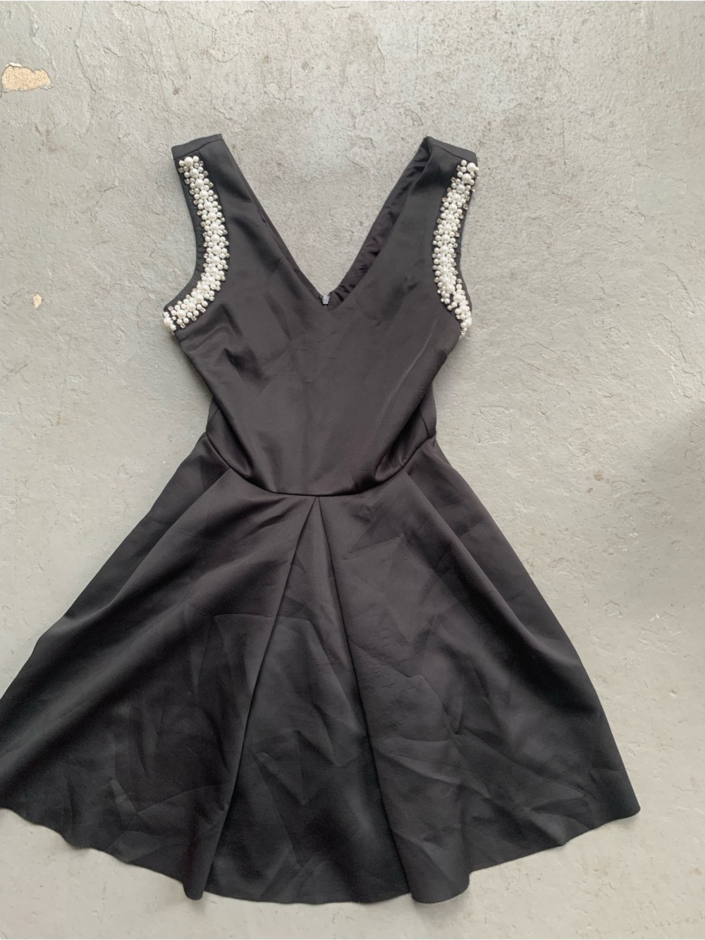 Aqua Black Mini Dress with Pearl-Embellished Straps